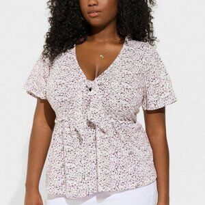 Torrid Heritage V-Neck Tie-Front White Print Babydoll Cotton Knit Top Size 1X